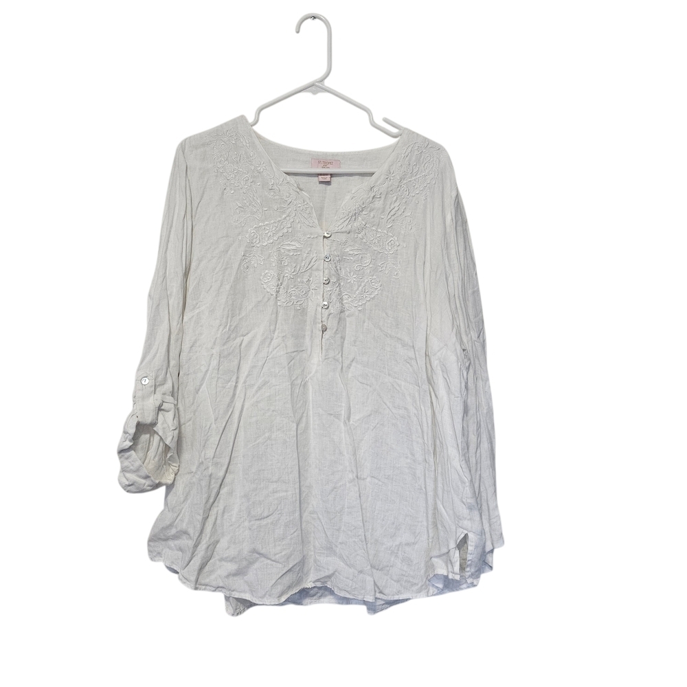 St. Tropez West White Linen Embroidered V-Neck Button Blouse Size 2X